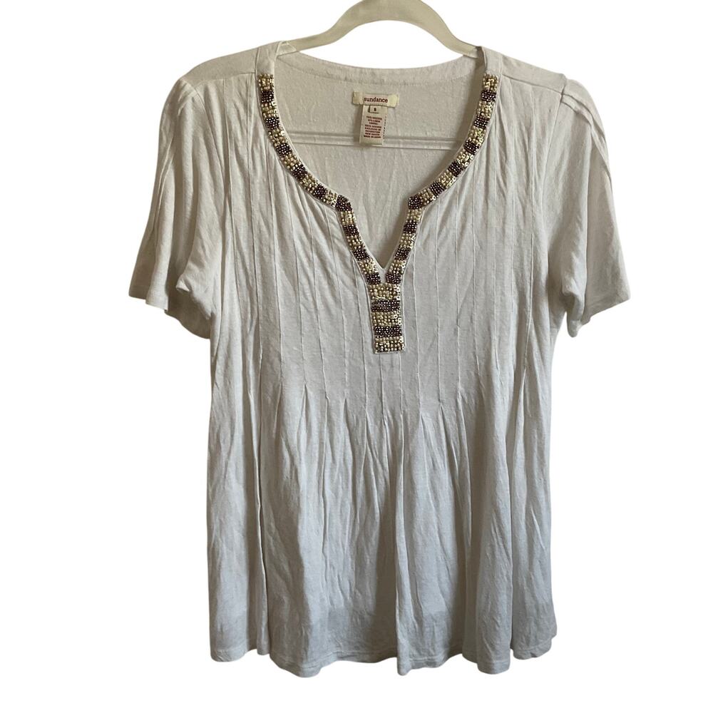 Sundance Linen Blend Beaded‎ Neckline White Lined Blouse - Size Small